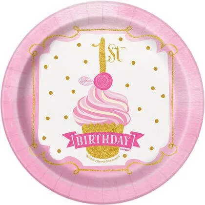 7" 1st Birthday Dessert Plates - Pink & Gold