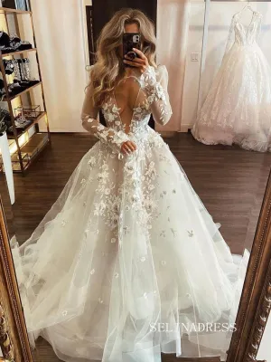 A-line Deep V neck 3D Lace Applique Wedding Dress Long Sleeve Rustic Wedding Dresses #KOP084