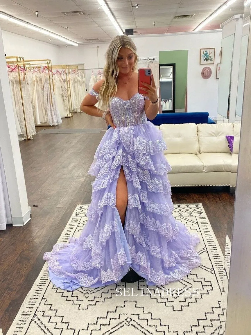 A-line Off the Sholder Glitter Tulle Ball Gowns Lace Long Prom Dresses Cheap Evening Dress JKSS01