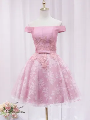 A-line Off-the-shoulder Pink Cute Homecoming Dress Lace Short Prom Dresses EDS023