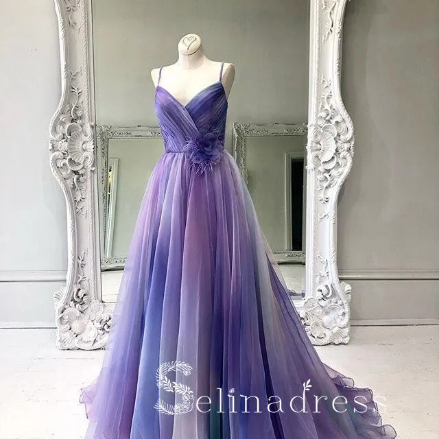 A-line Spaghetti Straps Ombre Prom Dresses Long Formal Gowns Colorful Evening Dress With Ruffles SED149