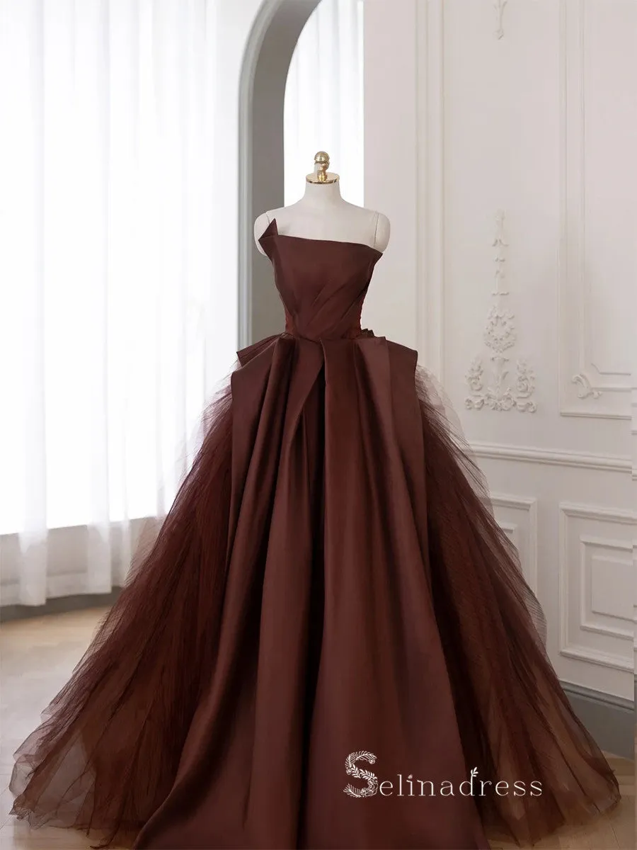 A-line Strapless Long Prom Dress Modest Satin Chocolate Evening Dresses GKF028