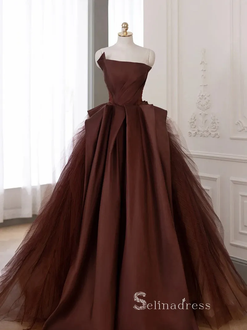 A-line Strapless Long Prom Dress Modest Satin Chocolate Evening Dresses GKF028