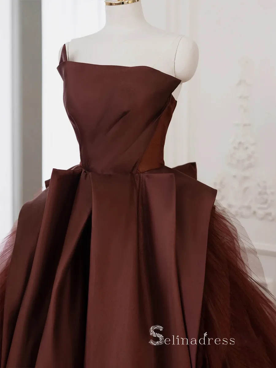 A-line Strapless Long Prom Dress Modest Satin Chocolate Evening Dresses GKF028