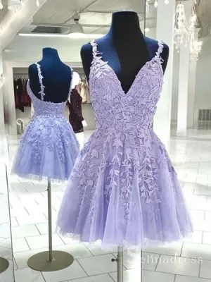 A-line Straps V neck Lavender Applique Short Prom Dress Homecoming Dresses #MHL117