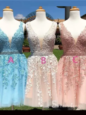 A-line V neck Applique Pink Short Prom Dress Homecoming Dresses #CBD591