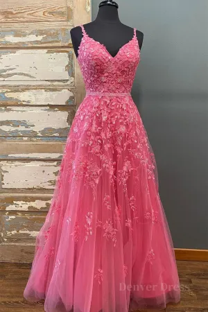 A Line V Neck Open Back Beaded Hot Pink Lace Long Prom Dresses Hot Pink Lace Formal Graduation Evening Dresses