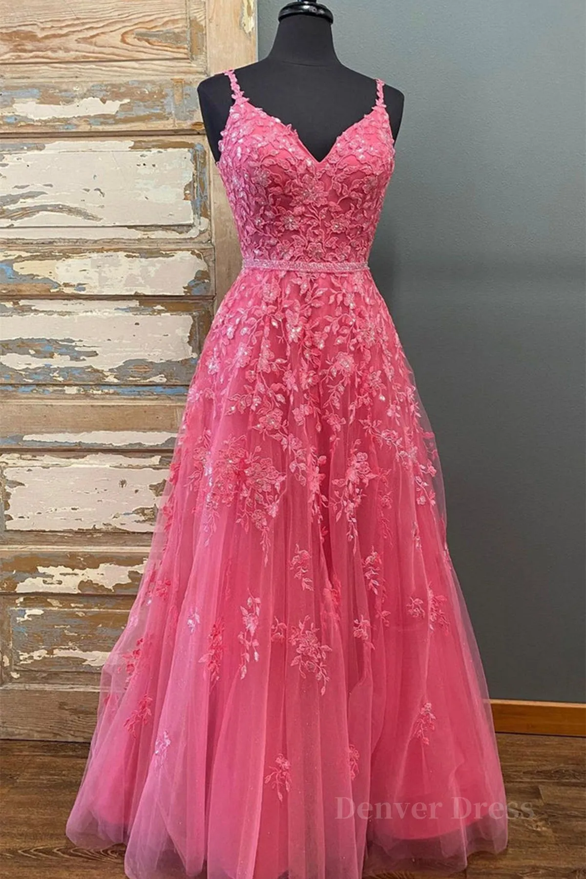 A Line V Neck Open Back Beaded Hot Pink Lace Long Prom Dresses Hot Pink Lace Formal Graduation Evening Dresses