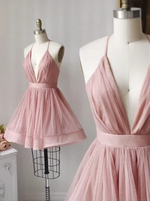 A Line V Neck Short Pink Tulle Prom Dresses