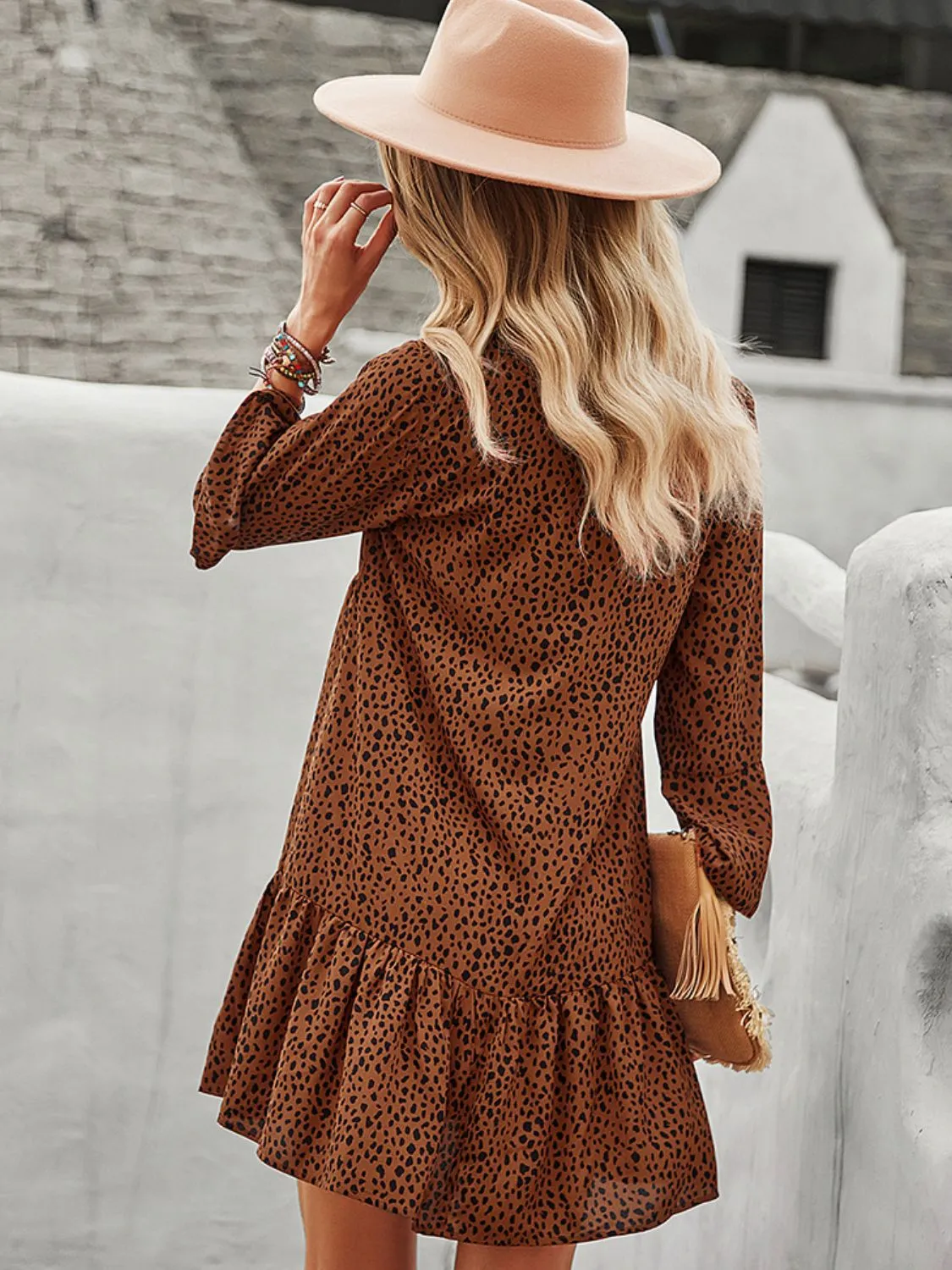 Animal Print Notched Flare Sleeve Dress