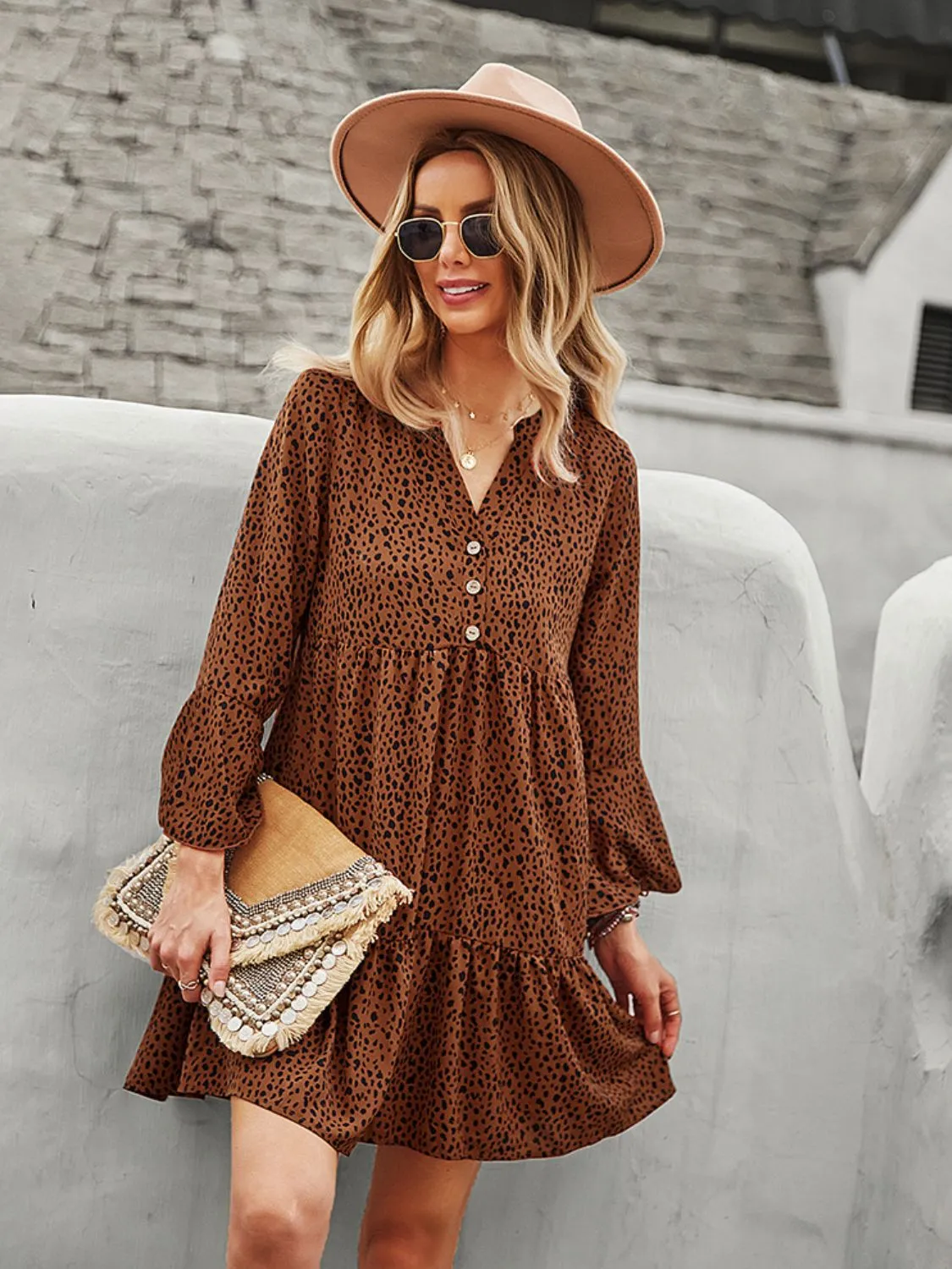 Animal Print Notched Flare Sleeve Dress