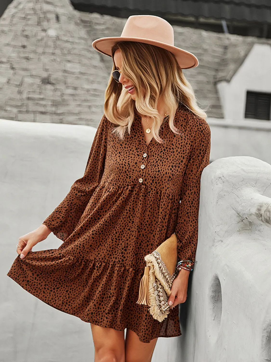 Animal Print Notched Flare Sleeve Dress