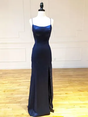 Backless Dark Navy Blue Long Prom Dresses Dark Navy Blue Formal Graduation Evening Dresses