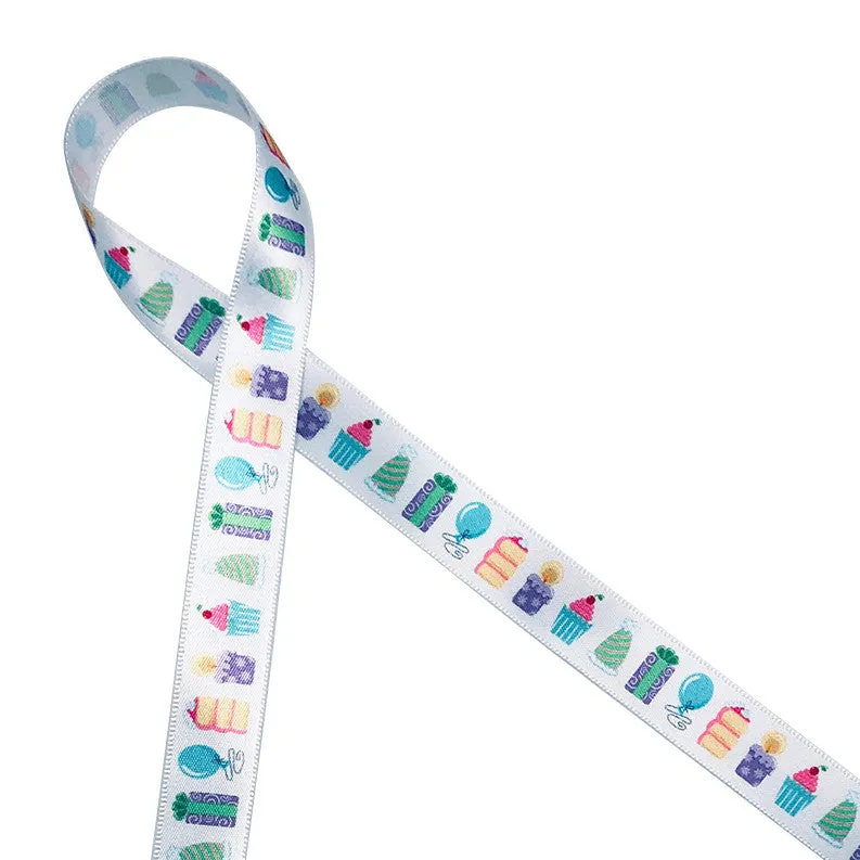 Birthday Party ribbon with cake, gifts, party hats and cupcakes printed on 5/8" white satin ribbon