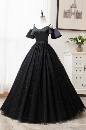 Black V-Neck Tulle Long Prom Dresses A-Line Black Evening Dresses