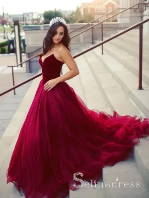 Burgundy Strapless Prom Dress Tulle Elegant Long Prom Dresses/Evening Dress  SED106