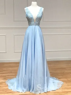 Chic A-line Gorgeous Long Prom Dresses V neck Light Sky Blue Evening Dresses MLH1233