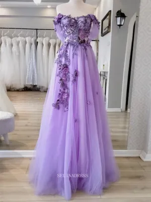 Chic A-line Off Shoulder Lilac Long Prom Dresses Floral Applique Prom Dress Evening Gowns POL017