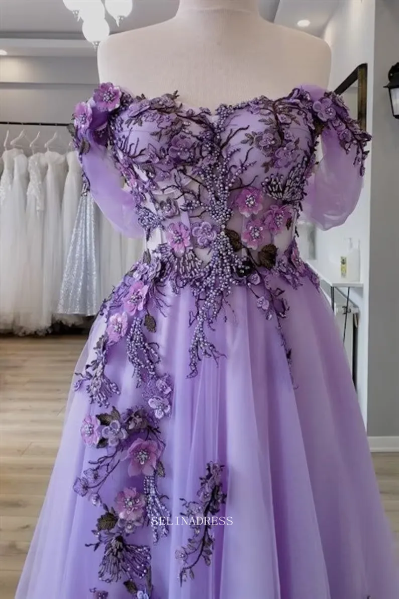 Chic A-line Off Shoulder Lilac Long Prom Dresses Floral Applique Prom Dress Evening Gowns POL017