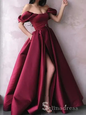 Chic A-line Off-the-shoulder Burgundy Long Prom Dresses Satin Evening Dress CBD255