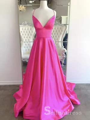 Chic A-line Spaghetti Straps Fuchsia Prom Dresses Satin Prom Dress Evening Dress CBD253