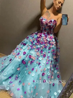 Chic A-line Sweetheart Beautiful Flower Prom Dresses Blue Long Evening Dress TKH008