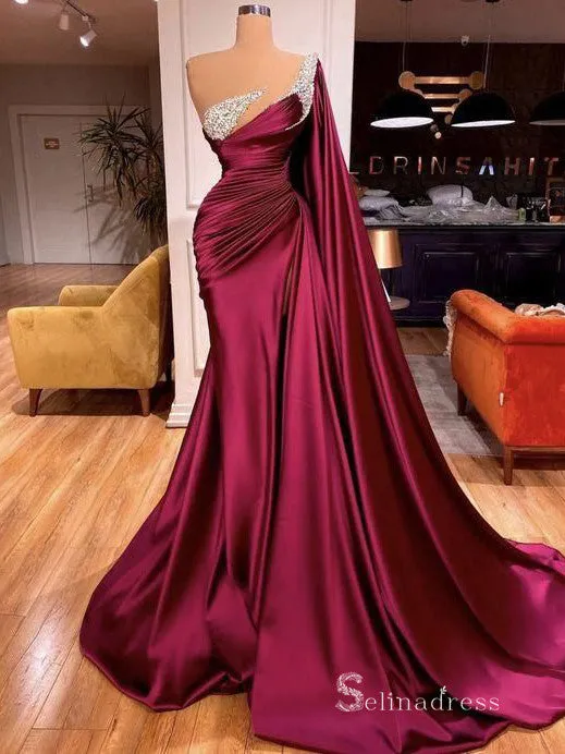 Chic Mermaid One Shoulder Beaded Long Prom Dresses Burgundy Satin Evening Gowns MHL2864