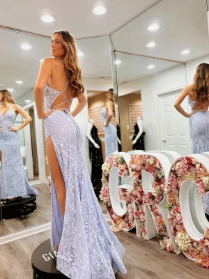 Chic Mermaid Spaghetti Straps Lavender Lace Long Prom Dress Elegant Party Dress #JKSS34