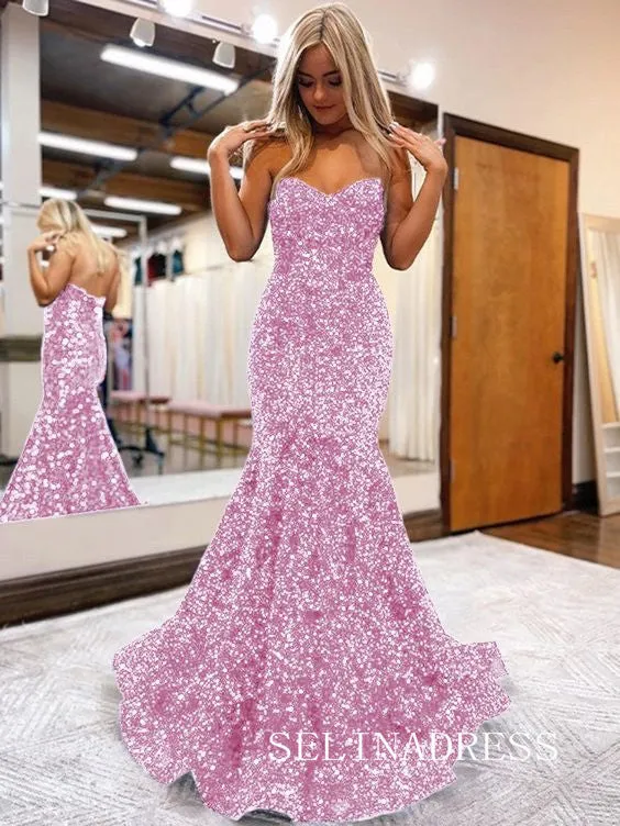 Chic Mermaid Sweetheart Pink Long Prom Dress Sequins Evening Dress JKL3014