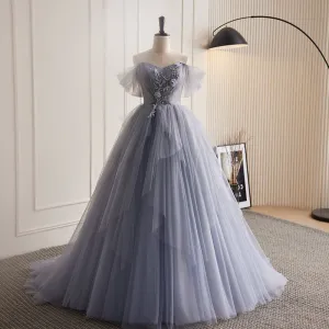 Chic Off-the-shoulder Elegant Ball Gown Beaded Princess Dress Tulle Evening Dress #LOP288