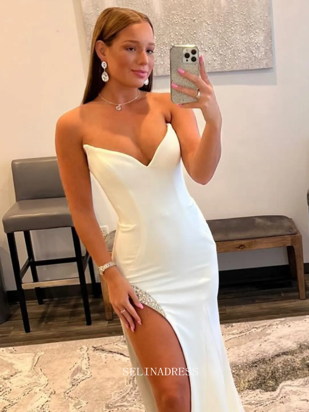 Chic Sheath/Column Strapless White Prom Dresses Simple Long Evening Dress Formal Dresses TKL078