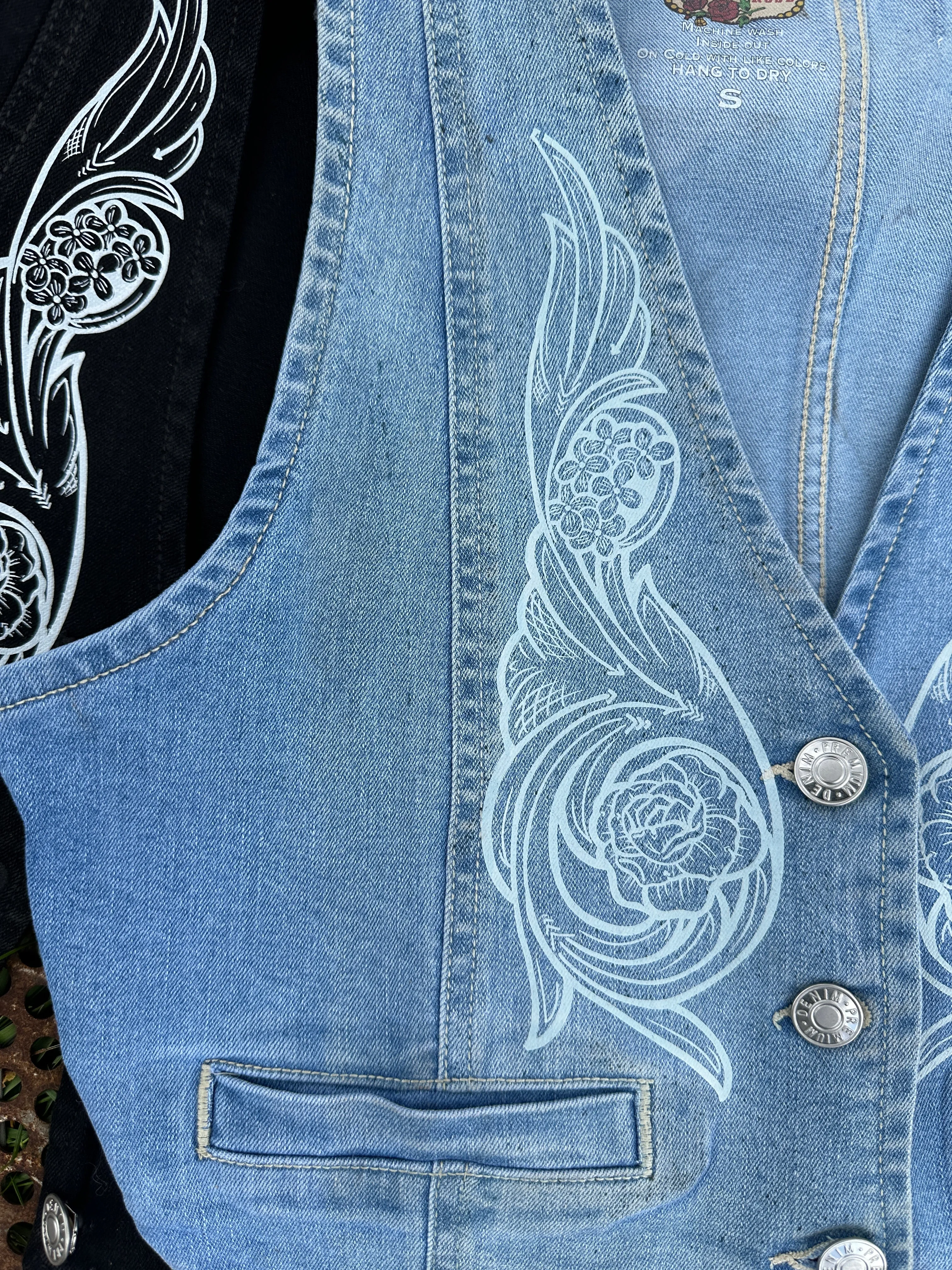 Cropped denim vest with hand tooled printed pattern