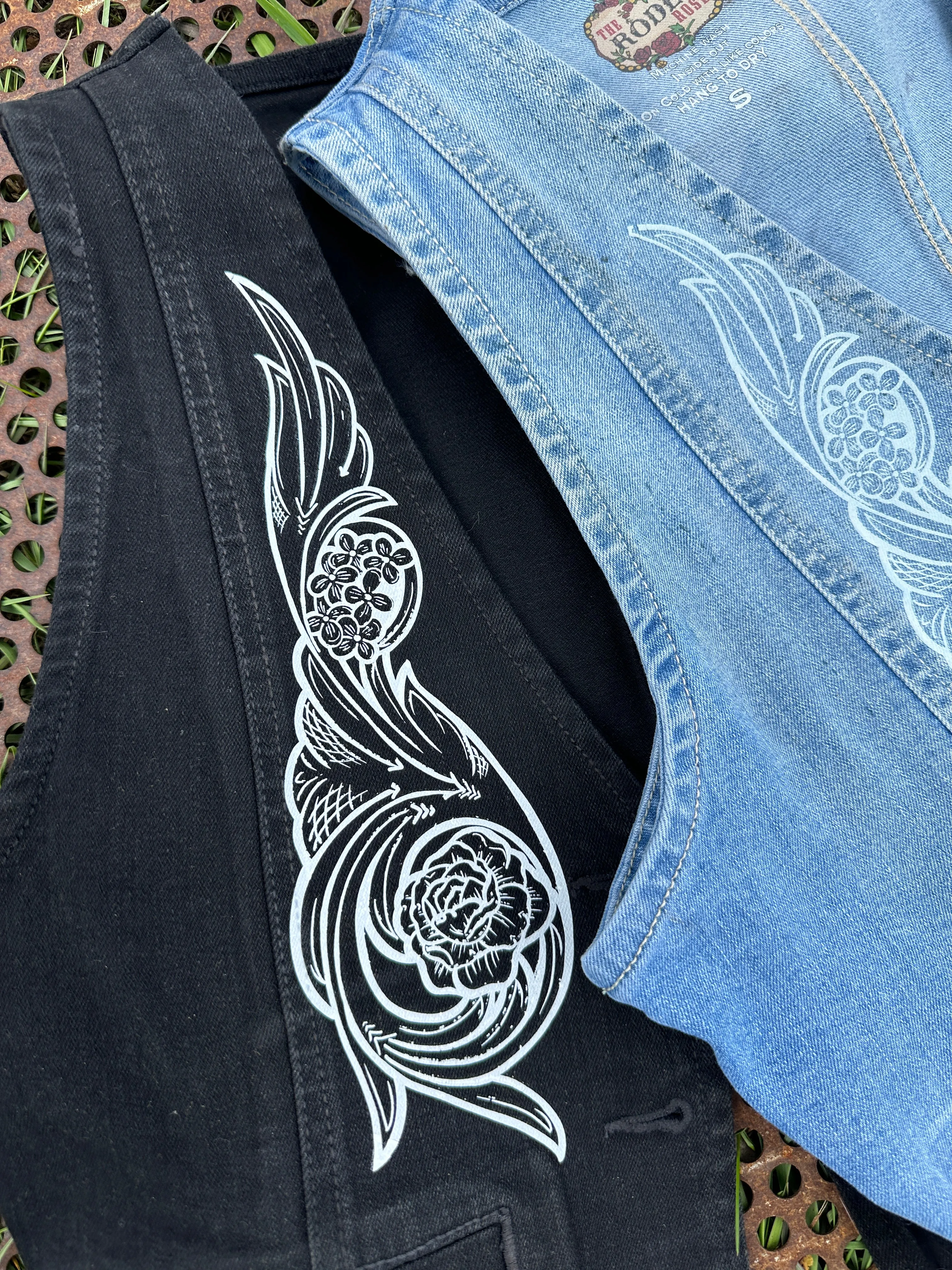 Cropped denim vest with hand tooled printed pattern