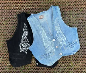 Cropped denim vest with hand tooled printed pattern