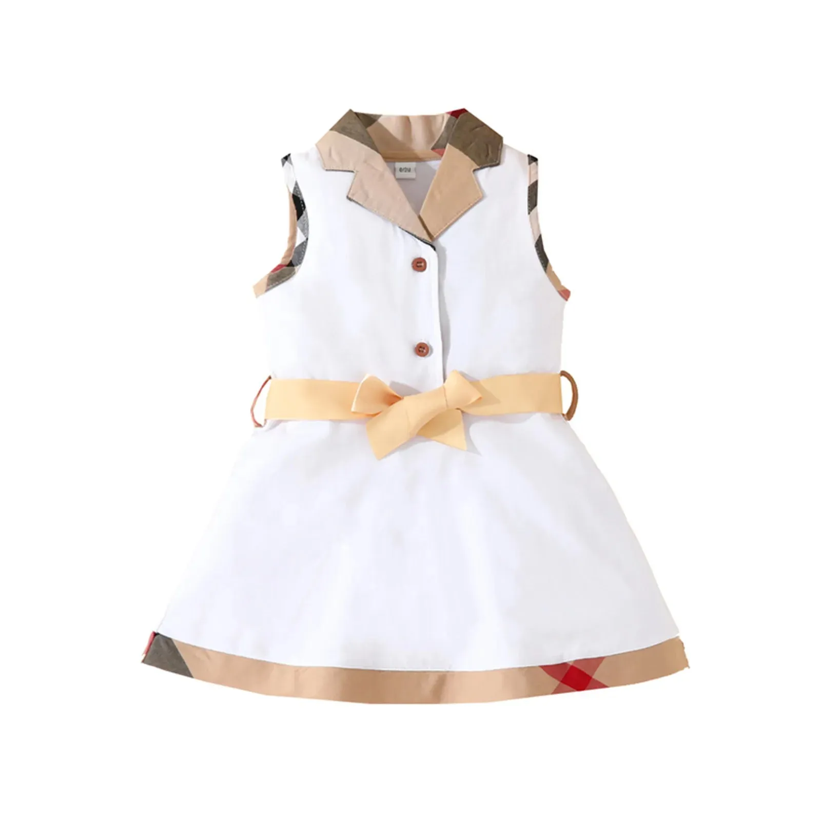 Cute Baby Girls Plaid Dresses Cotton Newborn Sleeveless Vest Dress With Bowknot Turn-Down Collar Infant Princess Dresses Toddler Skirts Girl Skirt