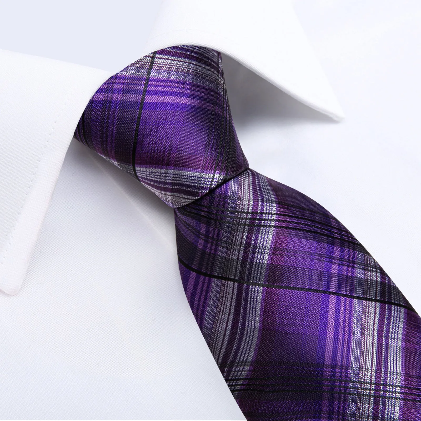 DiBanGu Men's Tie Purple Black Stripe Silk Tie Pocket Square Cufflinks Set