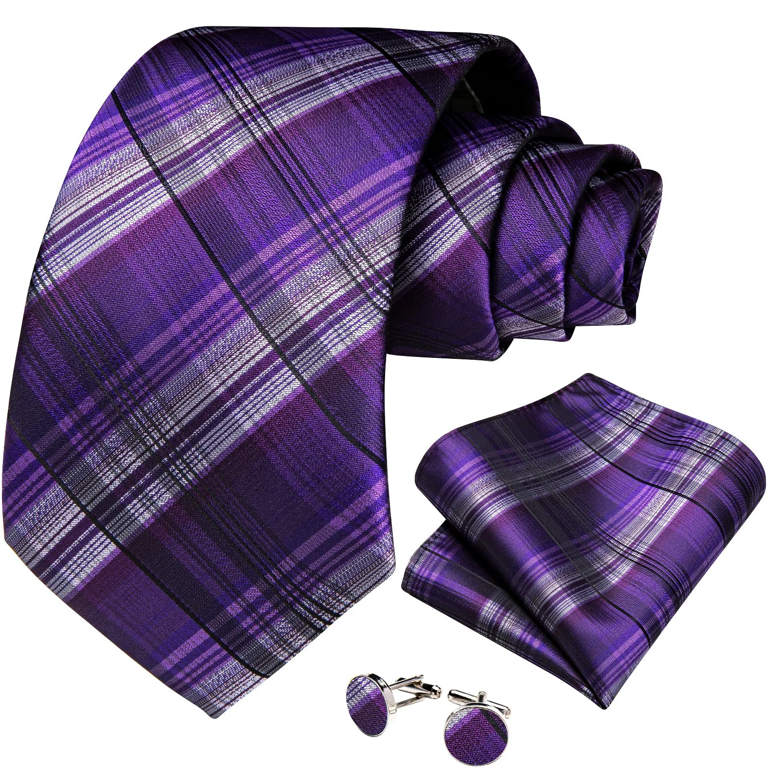 DiBanGu Men's Tie Purple Black Stripe Silk Tie Pocket Square Cufflinks Set