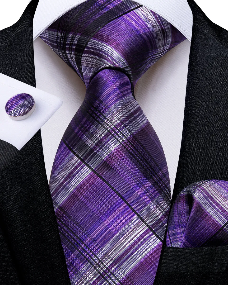 DiBanGu Men's Tie Purple Black Stripe Silk Tie Pocket Square Cufflinks Set