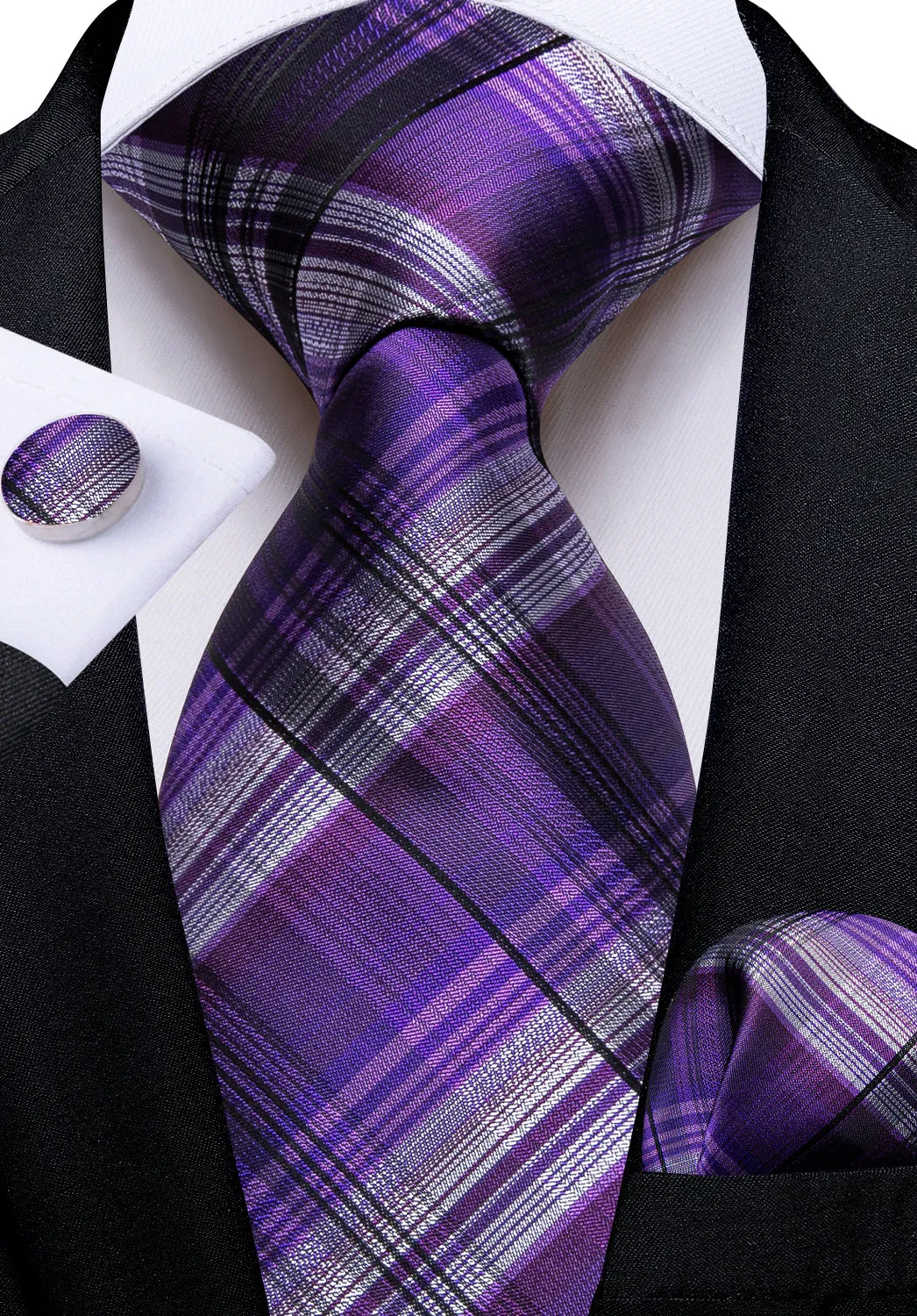 DiBanGu Men's Tie Purple Black Stripe Silk Tie Pocket Square Cufflinks Set