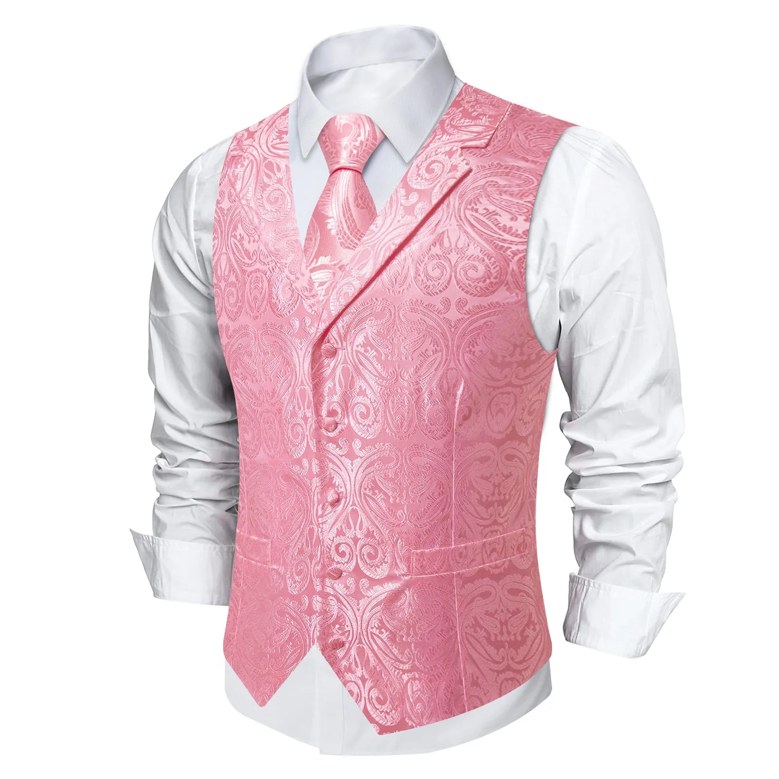 DiBanGu Nadeshiko Pink Paisley Notched Collar Silk Mens Vest Tie Set