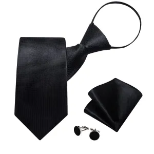 DiBanGu Silk Tie Coal Black Plaid Easy-pull Lazy Mens Tie Pocket Square Cufflinks Set