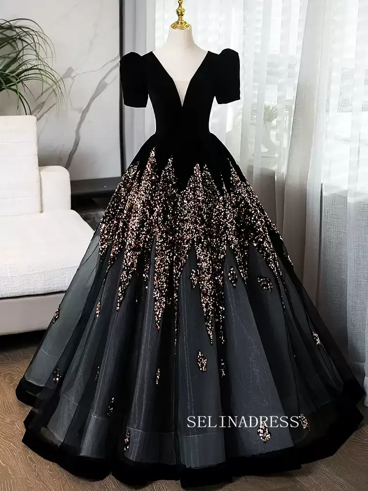 Elegant Black B neck Princess Dresses With Short Sleeve Beautiful Beaded Evening Gowns TKL3020