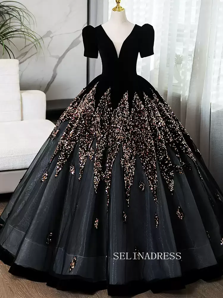 Elegant Black B neck Princess Dresses With Short Sleeve Beautiful Beaded Evening Gowns TKL3020