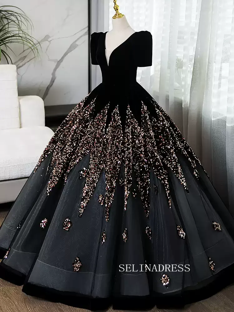 Elegant Black B neck Princess Dresses With Short Sleeve Beautiful Beaded Evening Gowns TKL3020