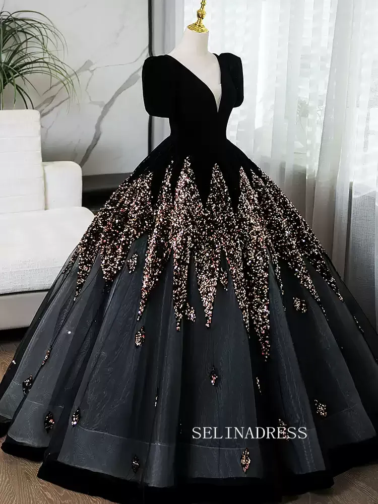 Elegant Black B neck Princess Dresses With Short Sleeve Beautiful Beaded Evening Gowns TKL3020