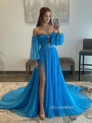 Elegant Puff Sleeve Chiffon Prom Dress Blue Formal Dress Pageant Dress #JKP002