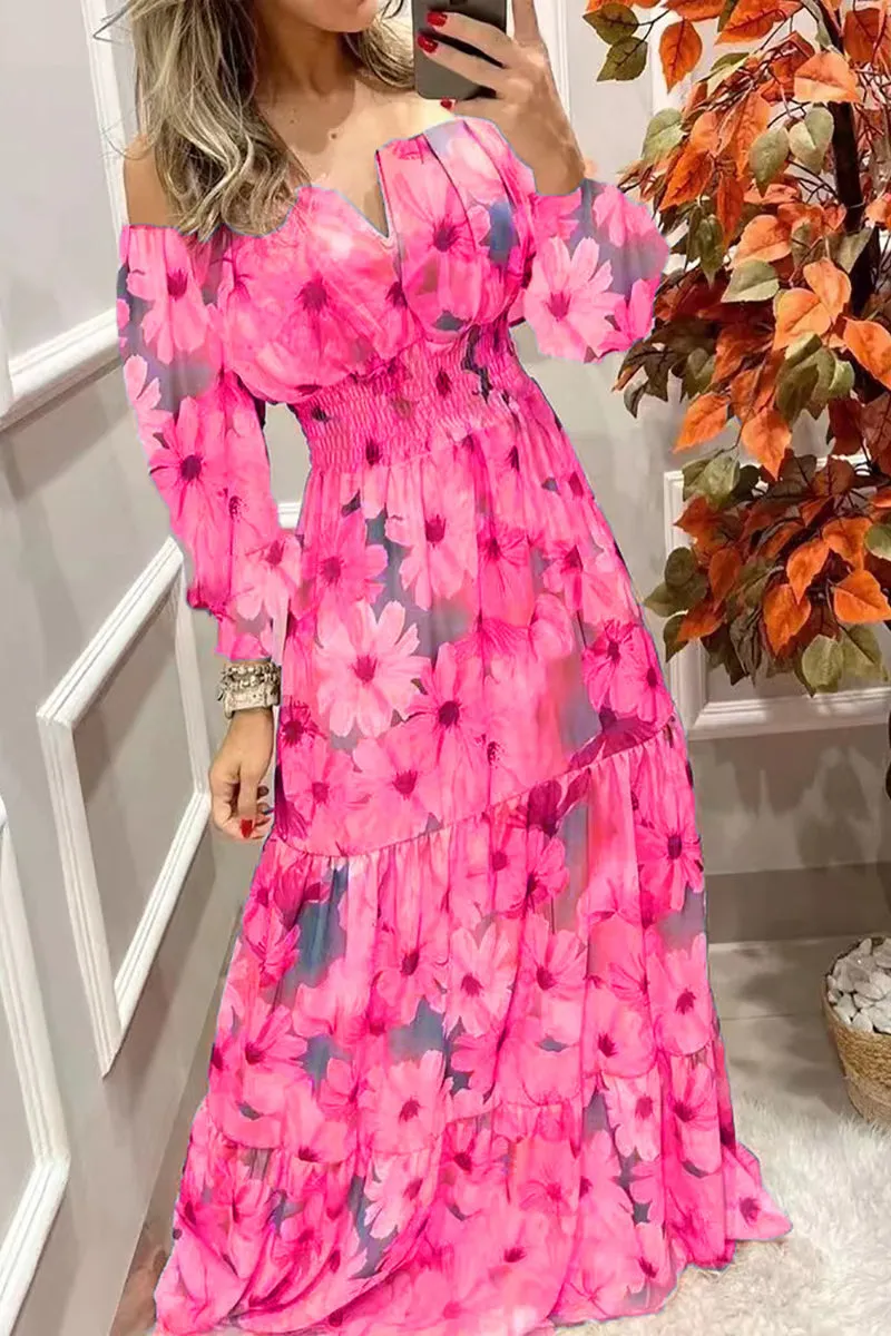 Floral Off Shoulder V Neck Maxi Dress