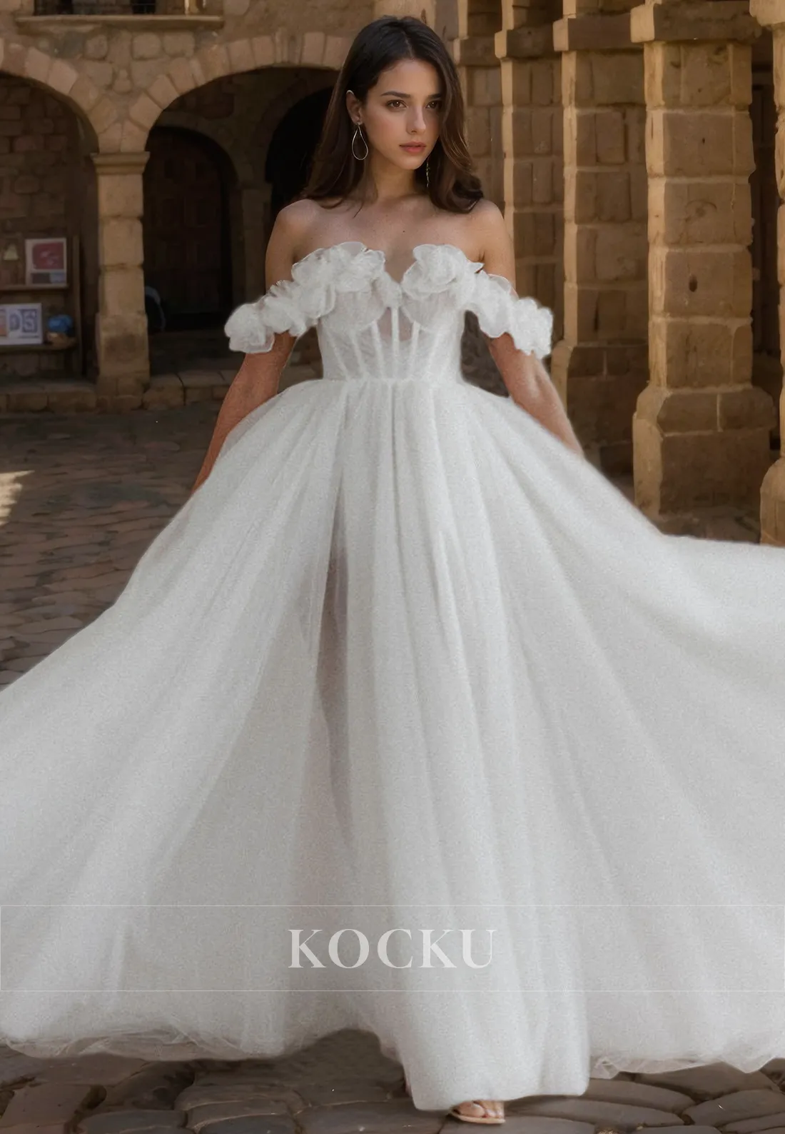 Glamorous & Dramatic Off-Shoulder Flower A-Line Wedding Dress