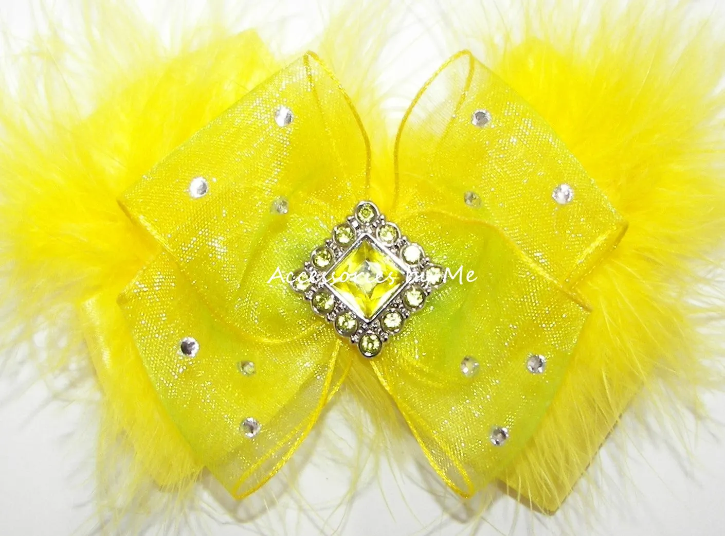 Glitzy Bright Yellow Lime Organza Marabou Hair Bow