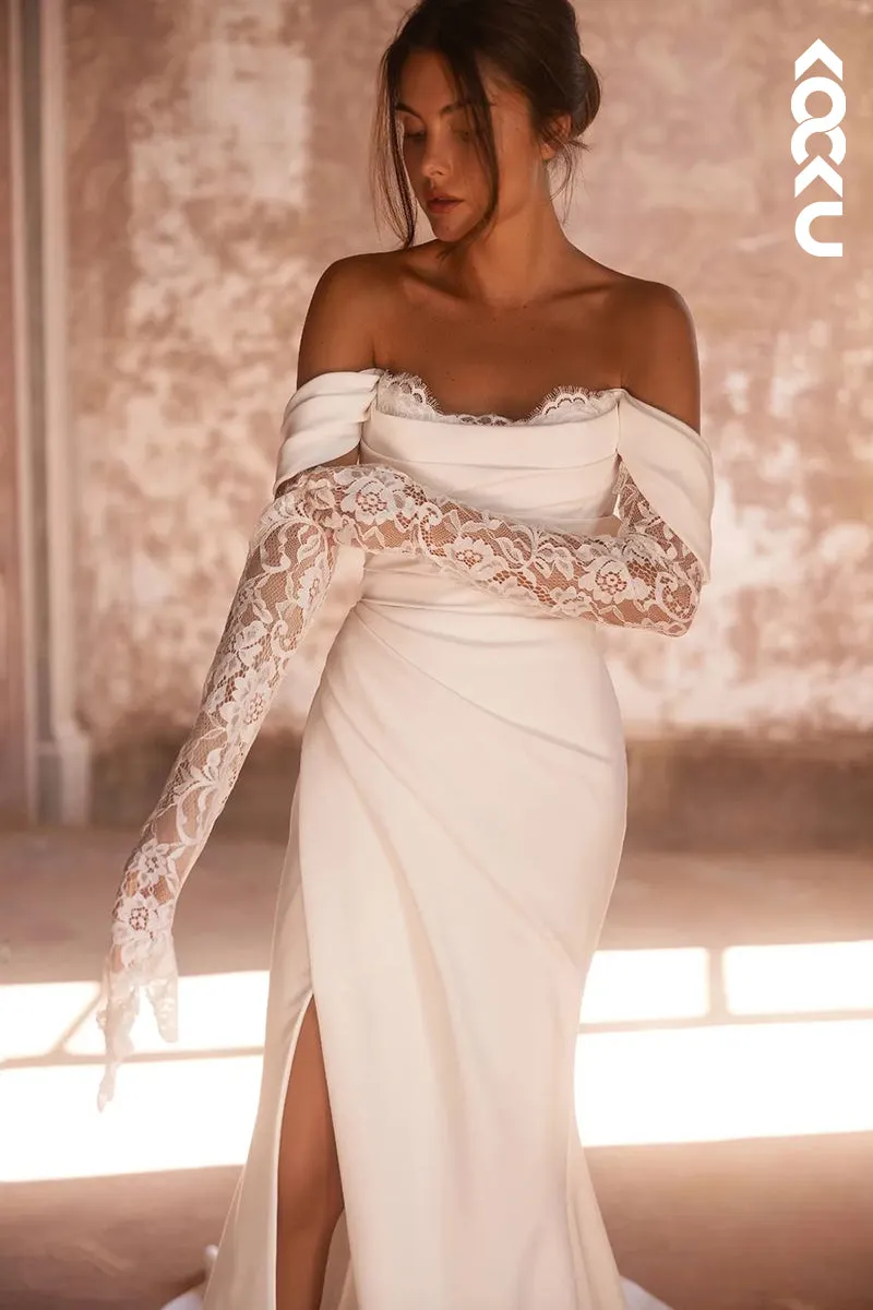 K1970 - Elegant & Classic Off-Shoulder Side Slit Sleeveless Ruched Wedding Dress